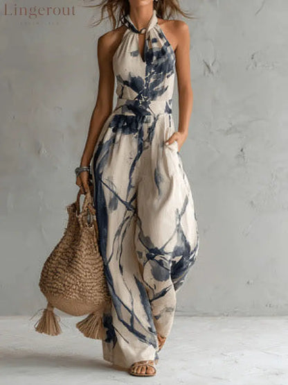 Halter Neck Ink‑Wash Floral Wide‑Leg Jumpsuit