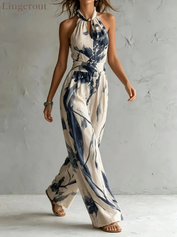 Halter Neck Ink‑Wash Floral Wide‑Leg Jumpsuit