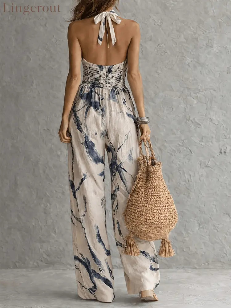Halter Neck Ink‑Wash Floral Wide‑Leg Jumpsuit