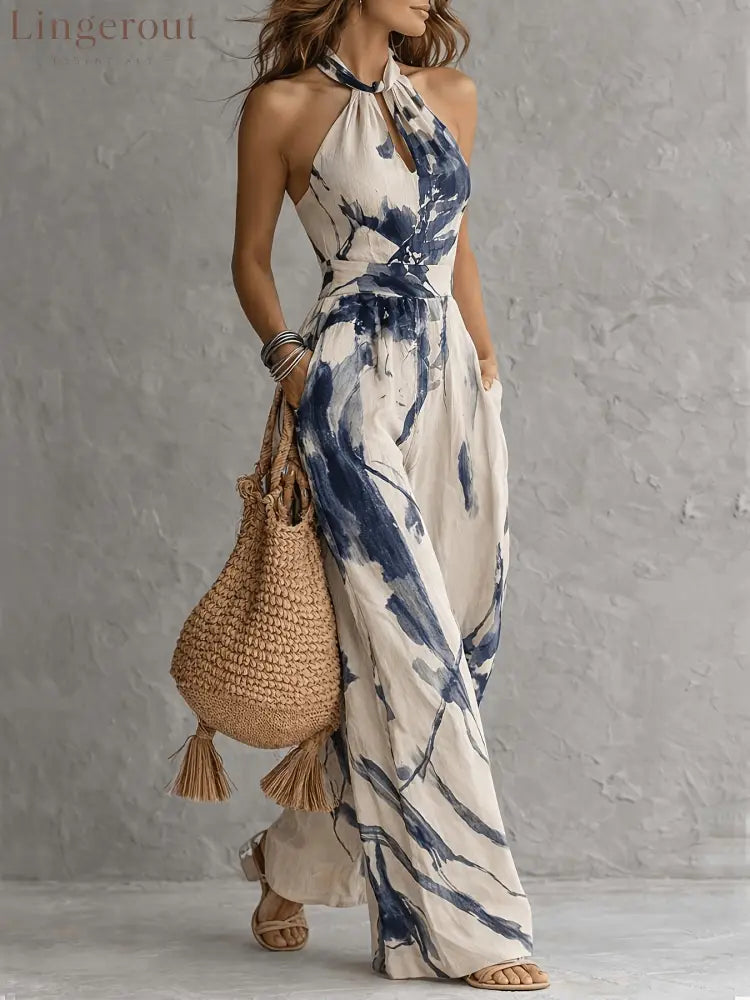 Halter Neck Ink‑Wash Floral Wide‑Leg Jumpsuit