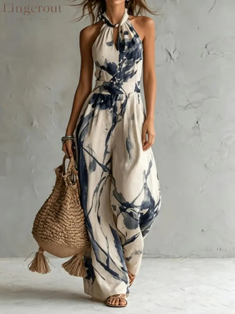 Halter Neck Ink‑Wash Floral Wide‑Leg Jumpsuit