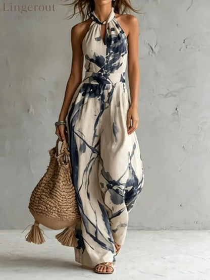 Halter Neck Ink‑Wash Floral Wide‑Leg Jumpsuit