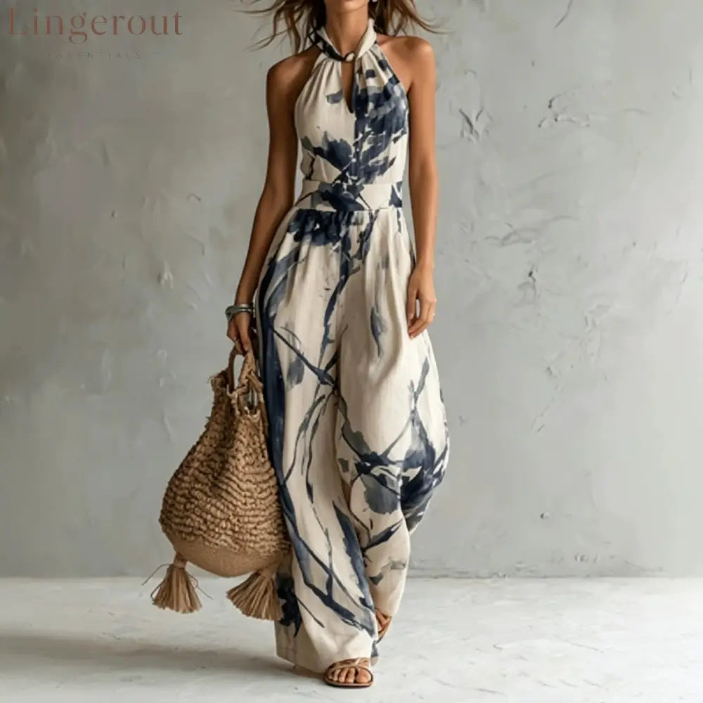 Halter Neck Ink‑Wash Floral Wide‑Leg Jumpsuit - S / Ink painting