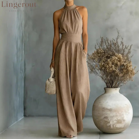 Halter Neck Linen-Blend Wide Leg Jumpsuit