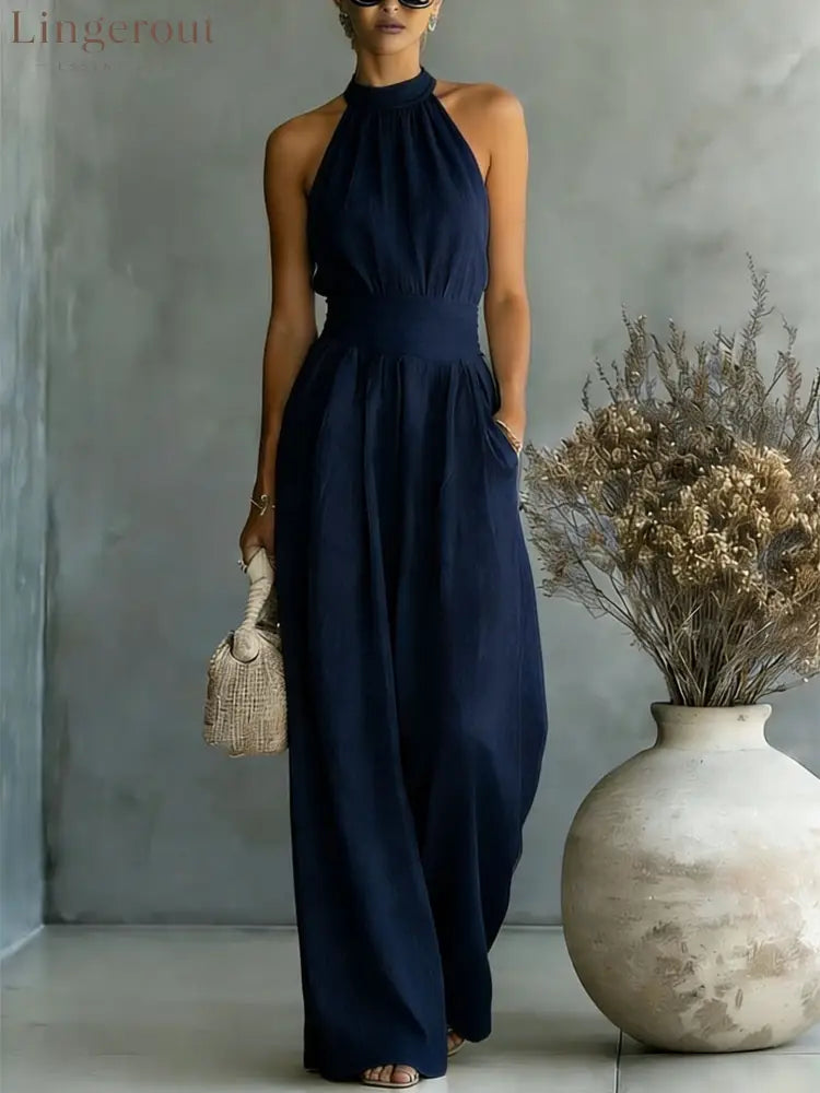 Halter Neck Linen-Blend Wide Leg Jumpsuit - Navy blue / S
