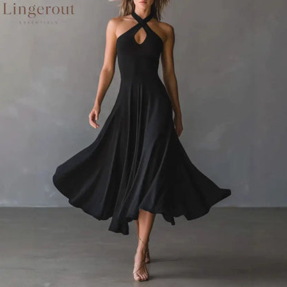 🌟 Halter Neck Sleeveless Midi Dress - Black / S