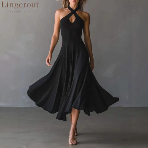🌟 Halter Neck Sleeveless Midi Dress - Black / S
