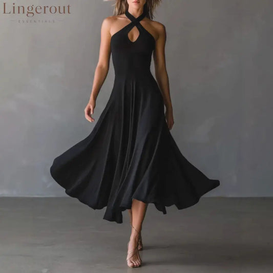🌟 Halter Neck Sleeveless Midi Dress - Black / S