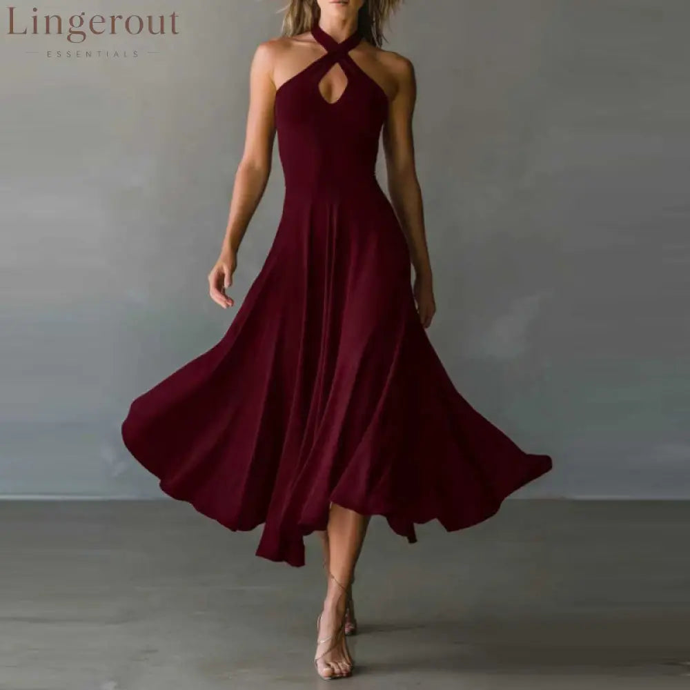 🌟 Halter Neck Sleeveless Midi Dress - Claret / S