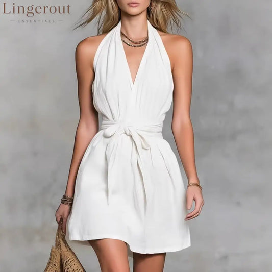 Halter Neck V-Neck Waist Tie Casual Holiday Women’S Dress