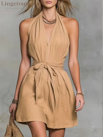 Halter Neck V-Neck Waist Tie Casual Holiday Women’S Dress - Khaki / XS