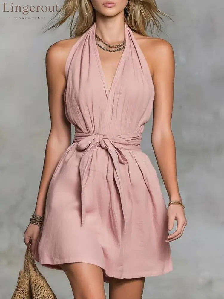 Halter Neck V-Neck Waist Tie Casual Holiday Women’S Dress - Pink / XS
