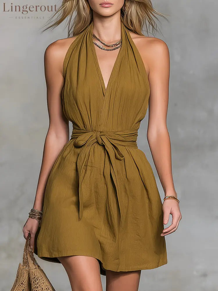 Halter Neck V-Neck Waist Tie Casual Holiday Women’S Dress - Yellow-green / XS