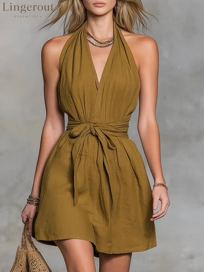 Halter Neck V-Neck Waist Tie Casual Holiday Women’S Dress - Yellow-green / XS