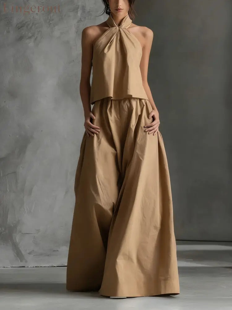 Halter Neck Wide-Leg Two-Piece Formal Set - Khaki / S