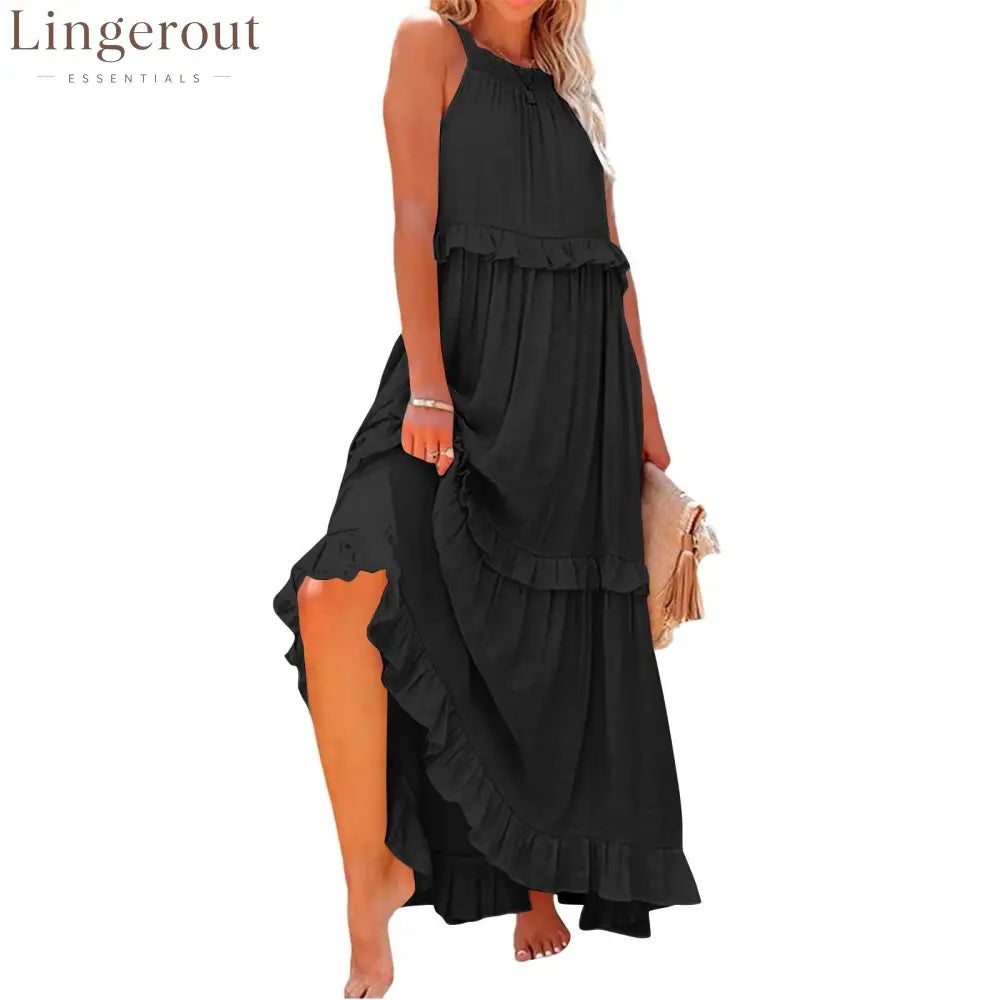 Halter Ruffle Tiered Flowy Maxi Dress - Black / S