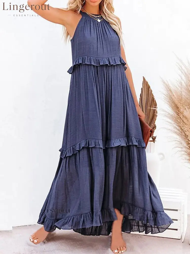 Halter Ruffle Tiered Flowy Maxi Dress - Dark blue / S