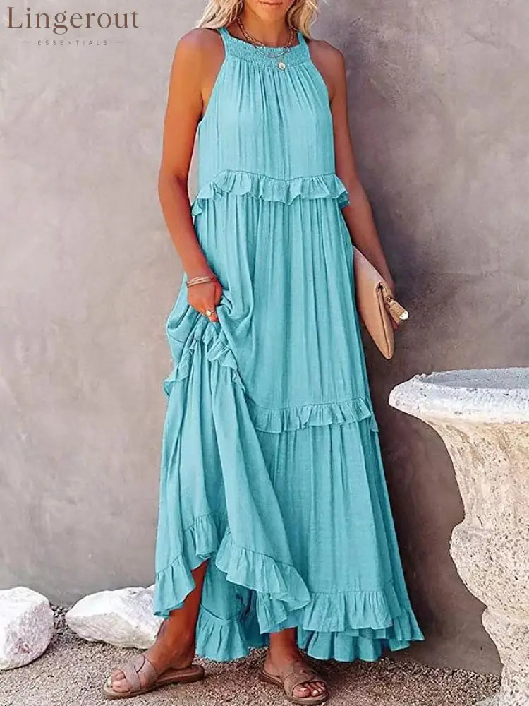 Halter Ruffle Tiered Flowy Maxi Dress - Lake blue / S