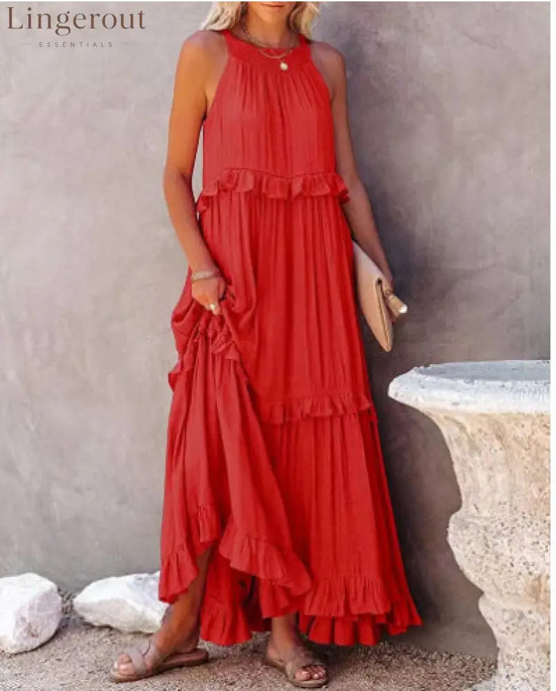 Halter Ruffle Tiered Flowy Maxi Dress - Orange / S