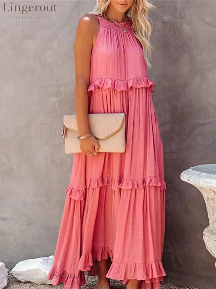 Halter Ruffle Tiered Flowy Maxi Dress - Pink / S