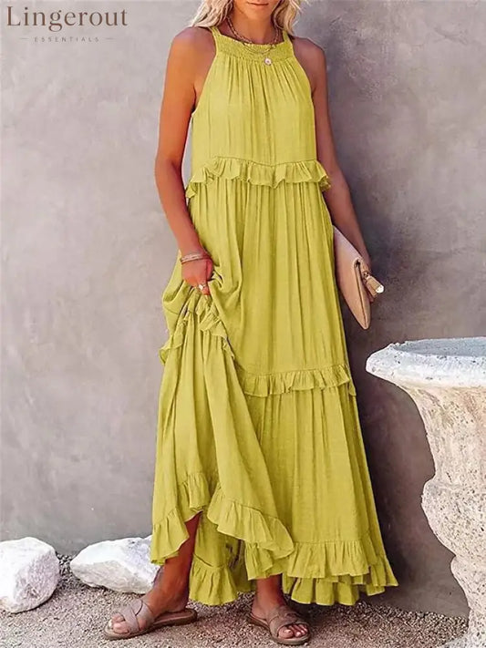 Halter Ruffle Tiered Flowy Maxi Dress - Yellow / S