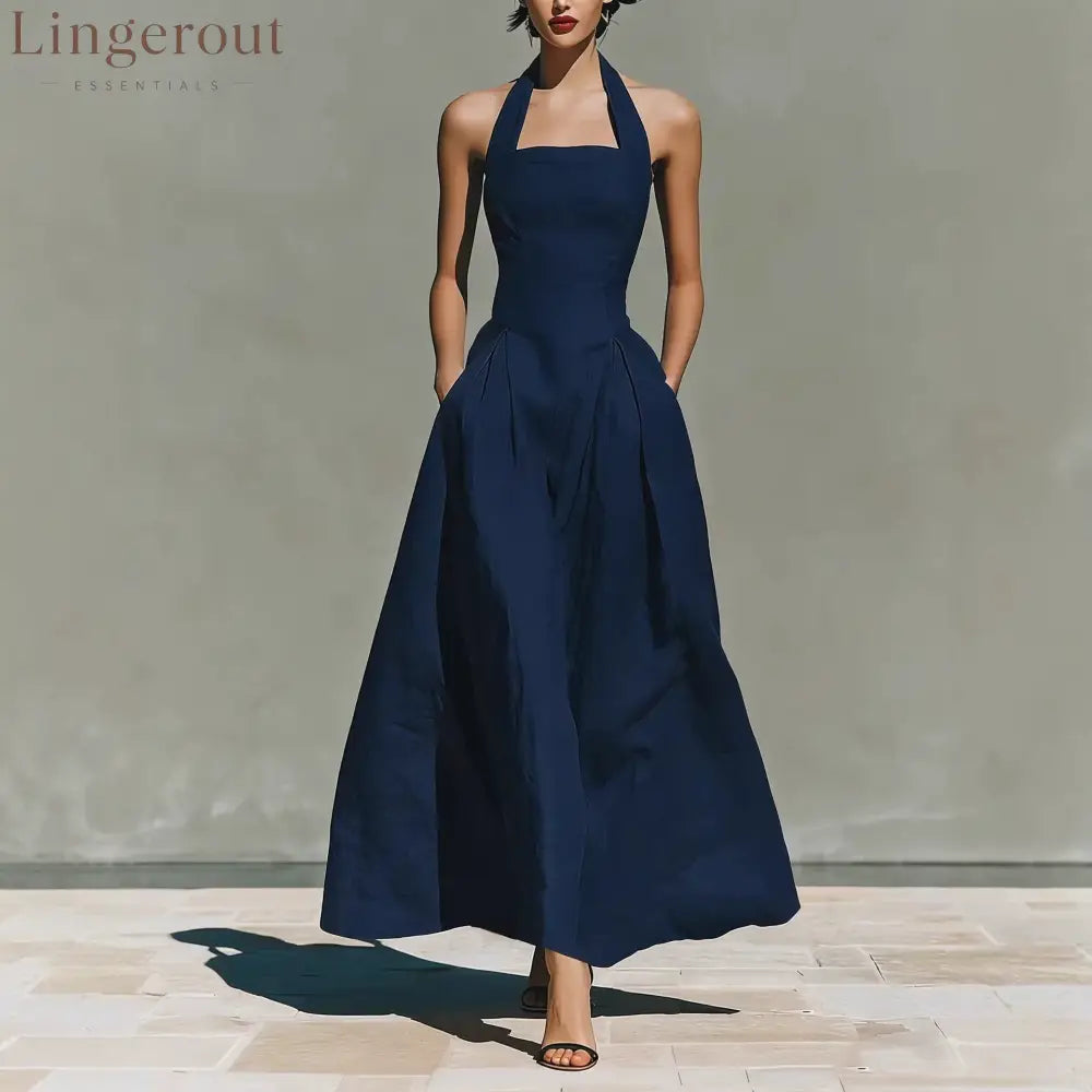 Halter Square Neck Pleated A-Line Midi Dress