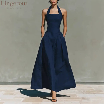 Halter Square Neck Pleated A-Line Midi Dress