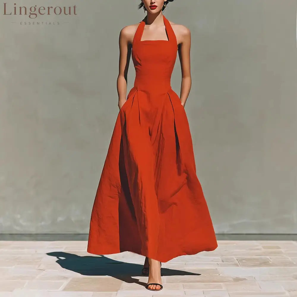 Halter Square Neck Pleated A-Line Midi Dress