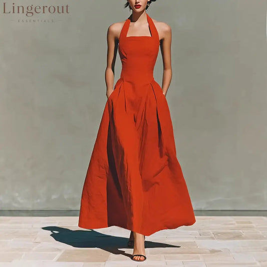 Halter Square Neck Pleated A-Line Midi Dress