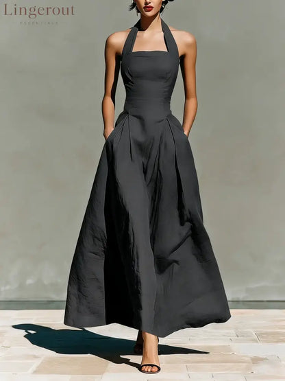 Halter Square Neck Pleated A-Line Midi Dress - Graphite color / S