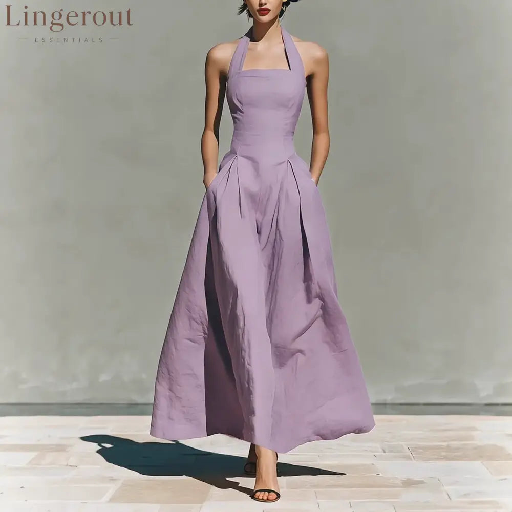 Halter Square Neck Pleated A-Line Midi Dress - Light purple / S