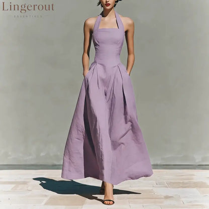 Halter Square Neck Pleated A-Line Midi Dress - Light purple / S