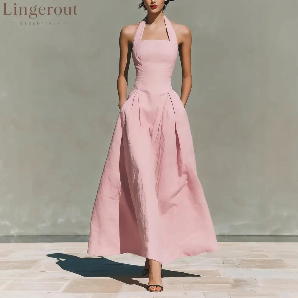 Halter Square Neck Pleated A-Line Midi Dress - Pink / S