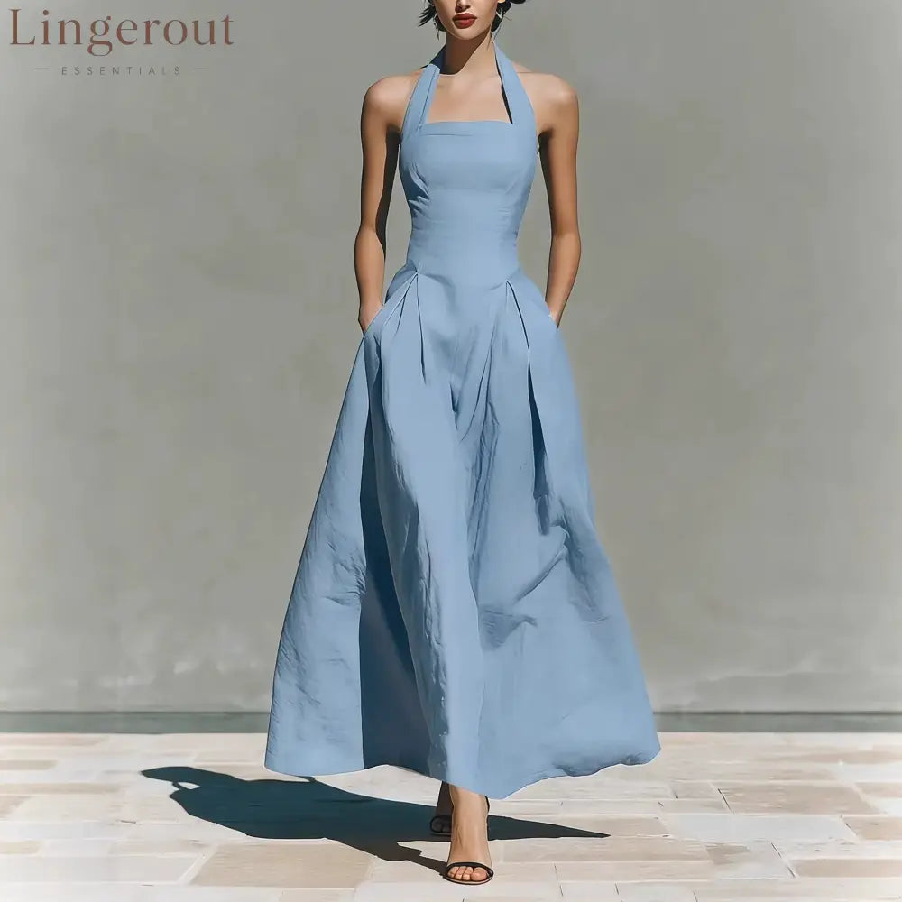 Halter Square Neck Pleated A-Line Midi Dress - Sky blue / S