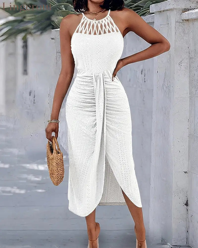 Halter Tie Criss Cross Front Knit Jacquard Textured Slit Dress Casual Hollow-out Draped Vacation Dress