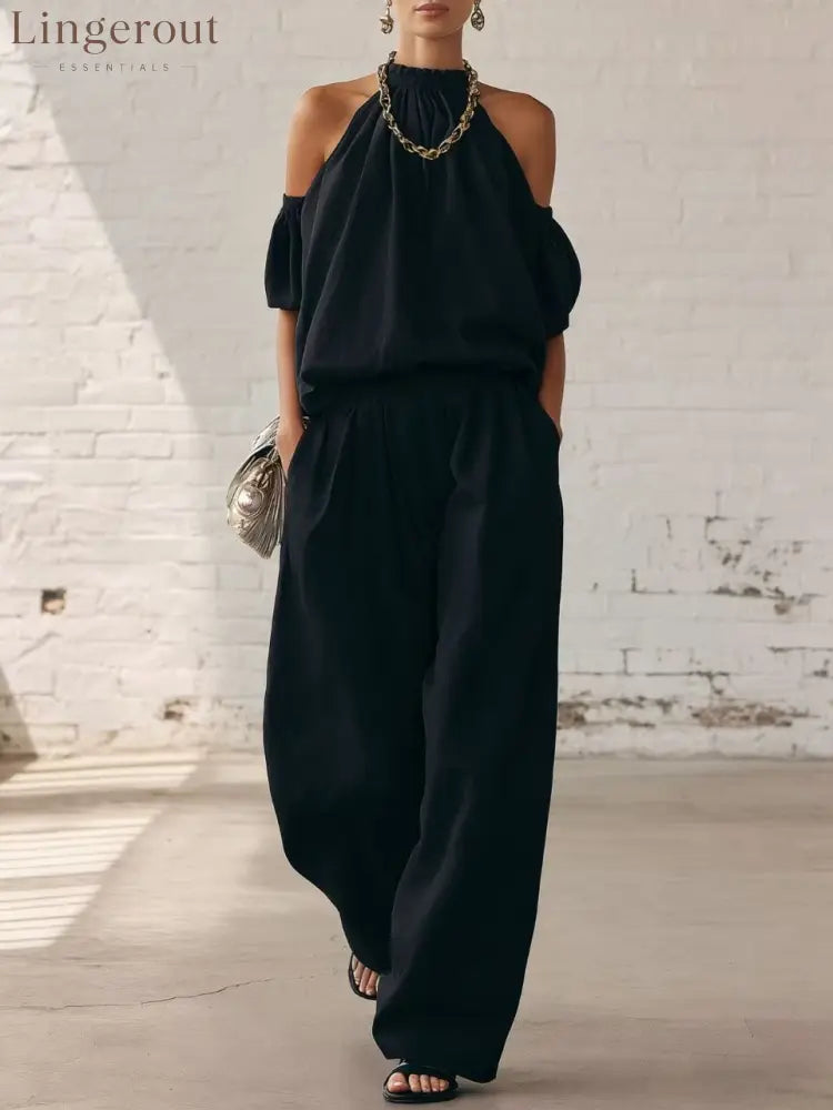 Halter Top & Wide Leg Pants 2-Piece Set | Ultimate Comfort & Style - Black / XS