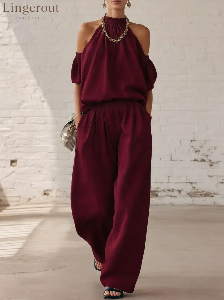 Halter Top & Wide Leg Pants 2-Piece Set | Ultimate Comfort & Style - Burgundy / XS