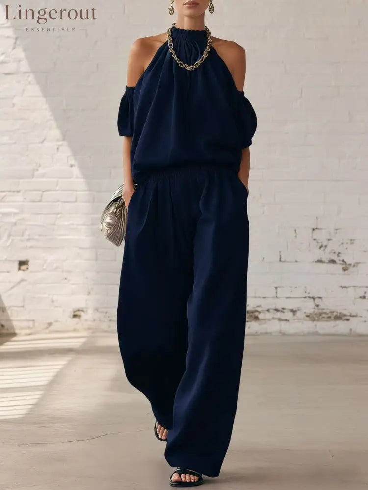 Halter Top & Wide Leg Pants 2-Piece Set | Ultimate Comfort & Style - Dark blue / XS