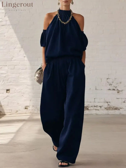 Halter Top & Wide Leg Pants 2-Piece Set | Ultimate Comfort & Style - Dark blue / XS