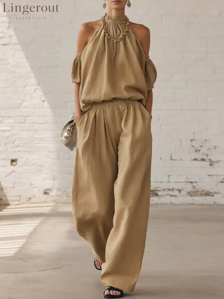 Halter Top & Wide Leg Pants 2-Piece Set | Ultimate Comfort & Style - Khaki / XS