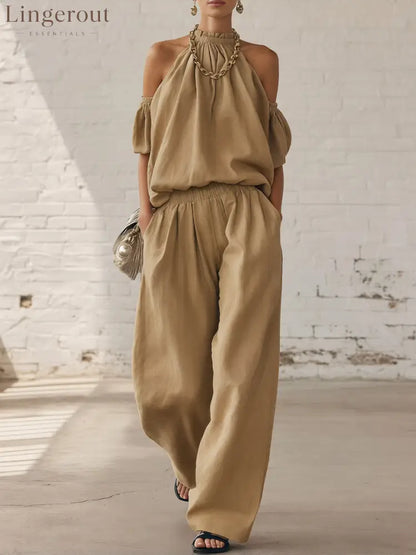 Halter Top & Wide Leg Pants 2-Piece Set | Ultimate Comfort & Style - Khaki / XS