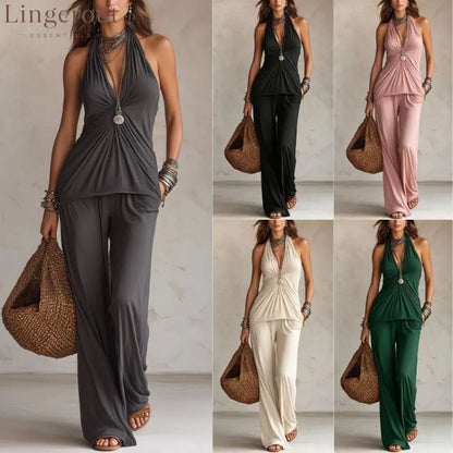 Halter Twist Ruched Top Wide Leg Pants Two Piece Set