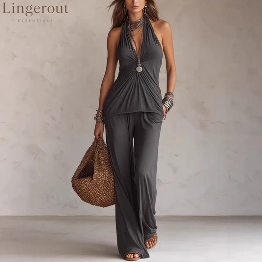 Halter Twist Ruched Top Wide Leg Pants Two Piece Set
