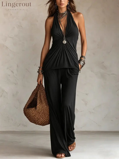 Halter Twist Ruched Top Wide Leg Pants Two Piece Set - Black / S