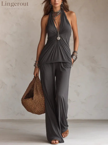 Halter Twist Ruched Top Wide Leg Pants Two Piece Set - Grey / S