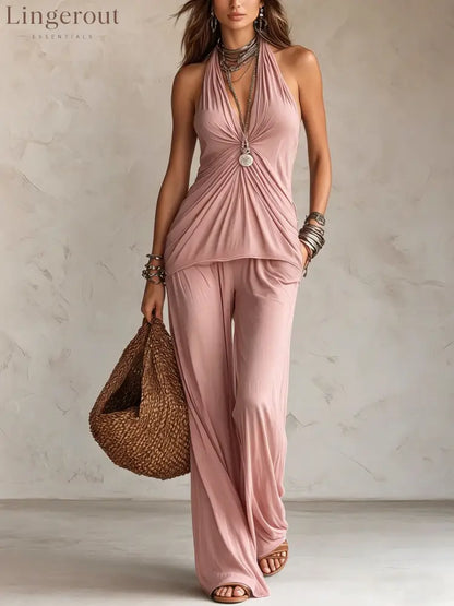 Halter Twist Ruched Top Wide Leg Pants Two Piece Set - Pink / S
