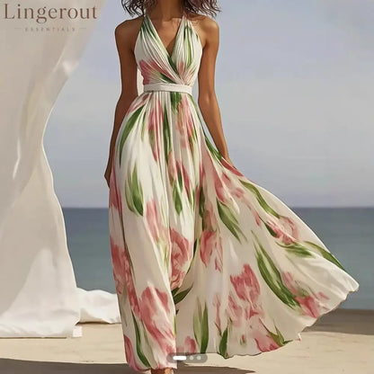 Halter V-Neck Floral Pleated Maxi Dress with Waist Belt