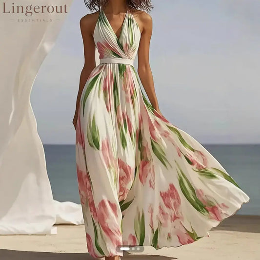Halter V-Neck Floral Pleated Maxi Dress with Waist Belt