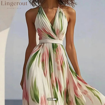 Halter V-Neck Floral Pleated Maxi Dress with Waist Belt