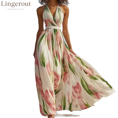Halter V-Neck Floral Pleated Maxi Dress with Waist Belt